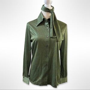 𝅺vintage Deadstock 70’s Women’s Green Button Down Shirt with Neck Tie